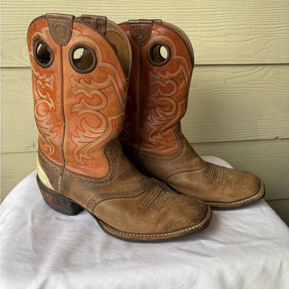 Ariat Brown and Tan Cowboy Boots with Decorative Stitching style 10002325